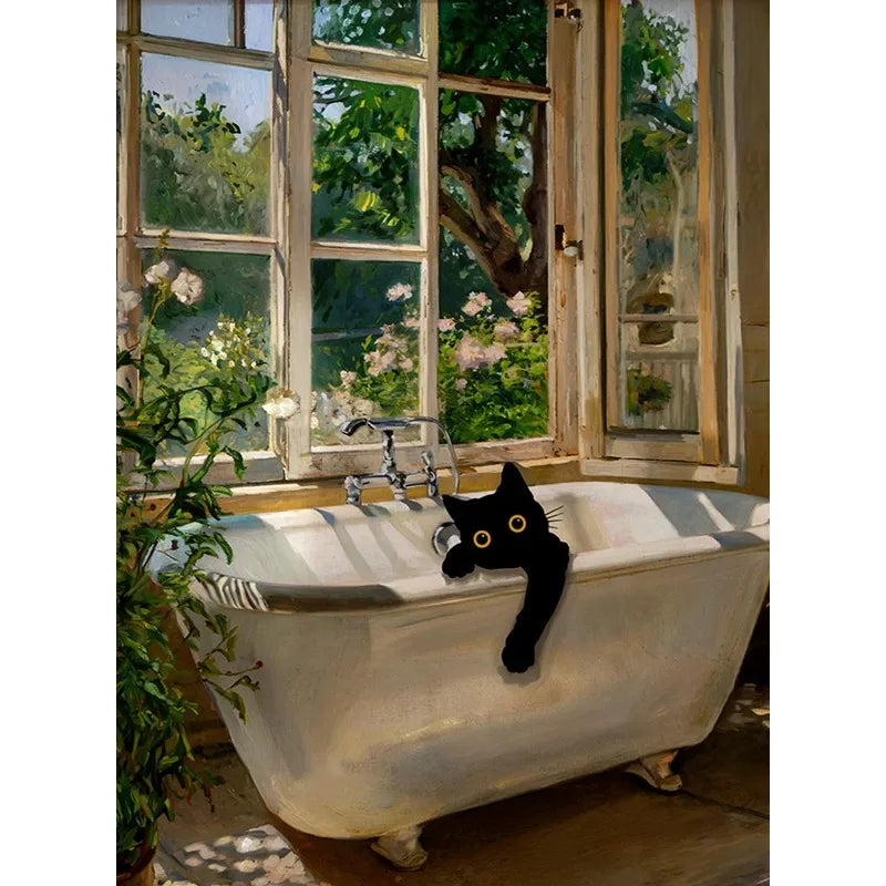 Colourful Funny Black Cat in Bathroom Poster