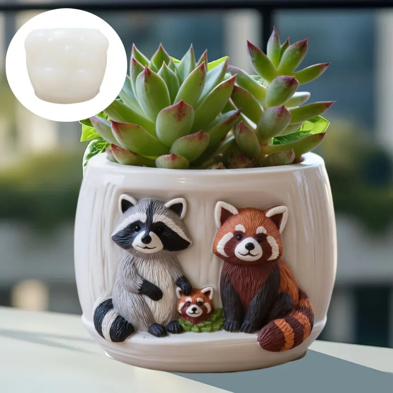 Raccoon Family Succulents Flower Pot Silicone Mold Red Panda Family Relief Resin Plaster Flower Pot Mold
