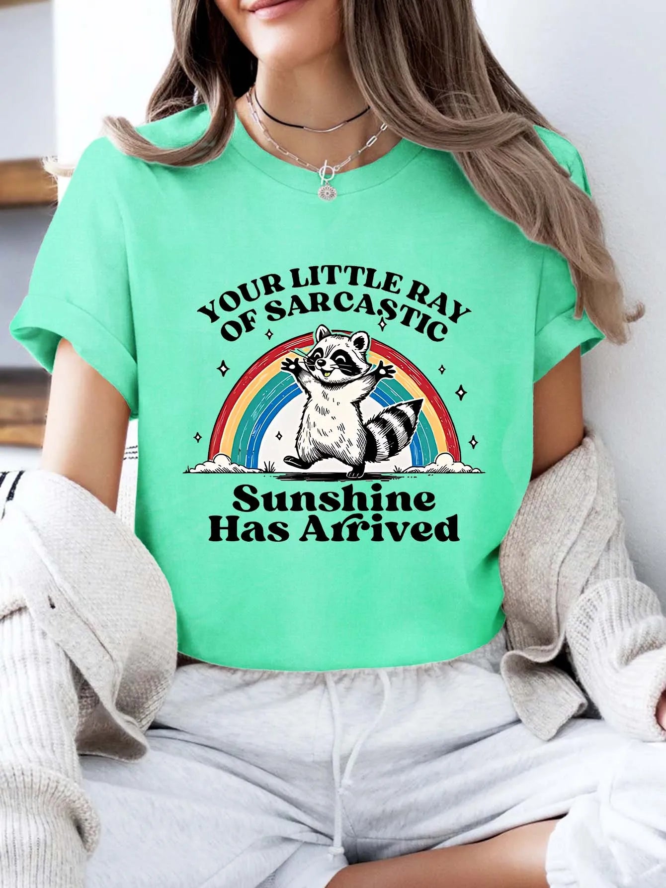 Plus - Size Humorous Raccoon & Rainbow Graphic Tee, Short - Sleeve