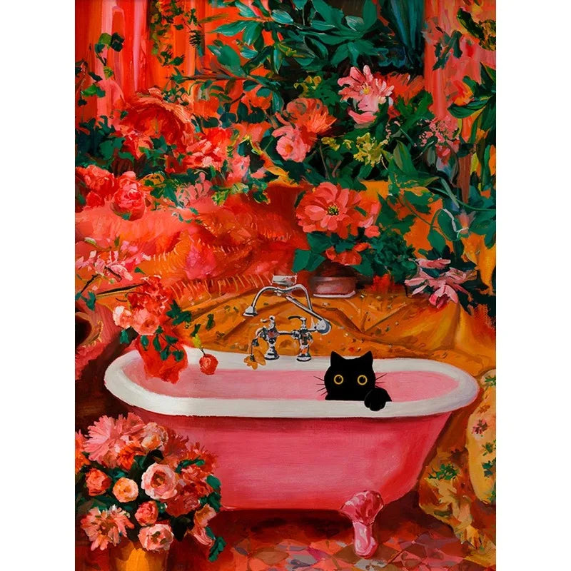 Colourful Funny Black Cat in Bathroom Poster