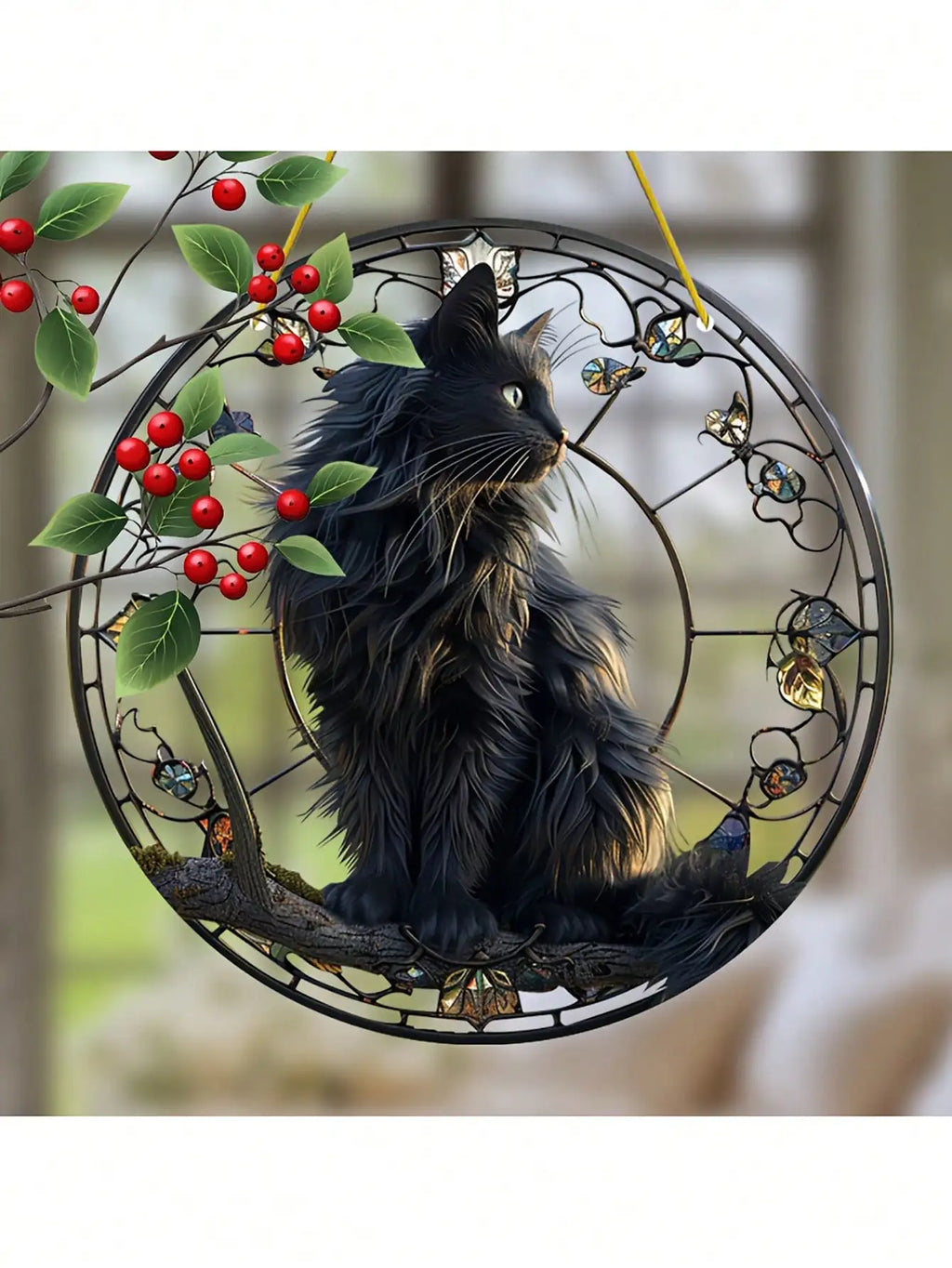 Black cat pendant sitting on a tree branch basking in the sun