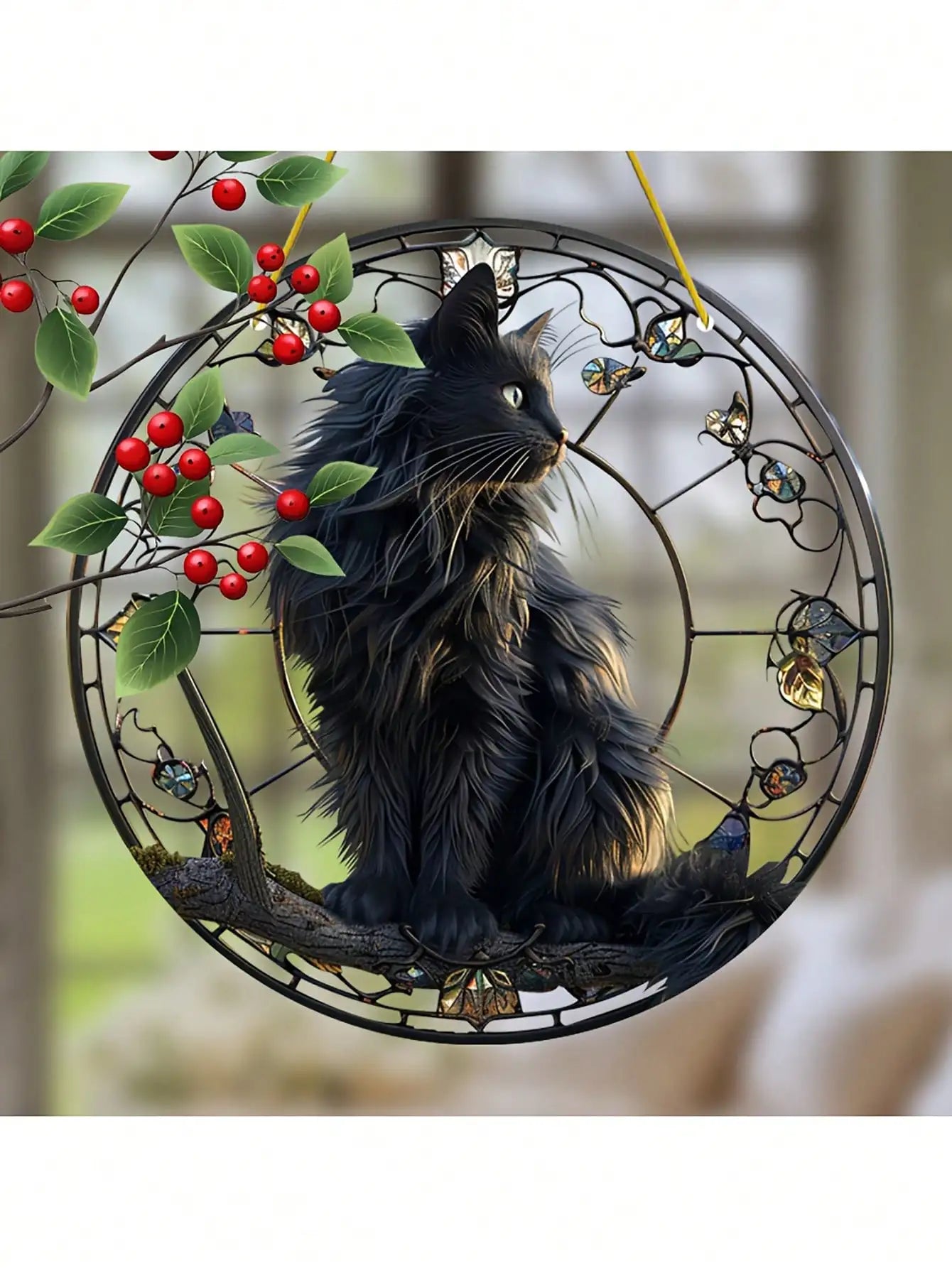 Black cat pendant sitting on a tree branch basking in the sun