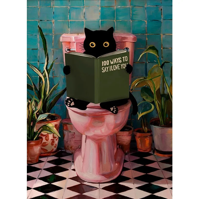 Colourful Funny Black Cat in Bathroom Poster