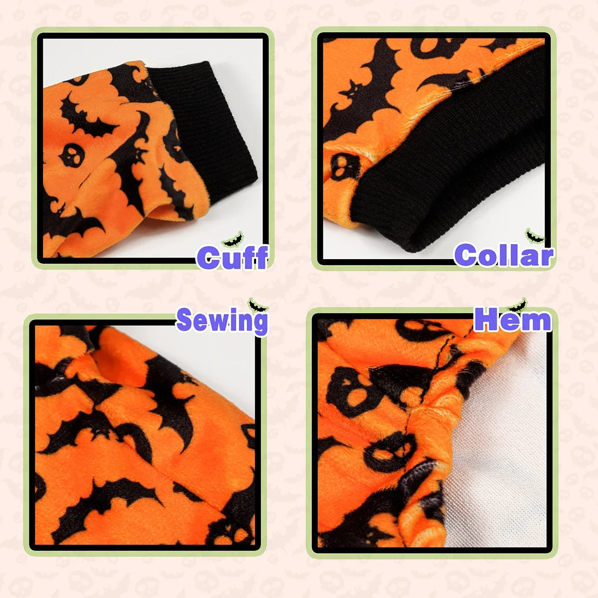 Halloween Dog Pajamas Costume: Four-legged outfit with bat and skull patterns, perfect for small, medium, and large dogs