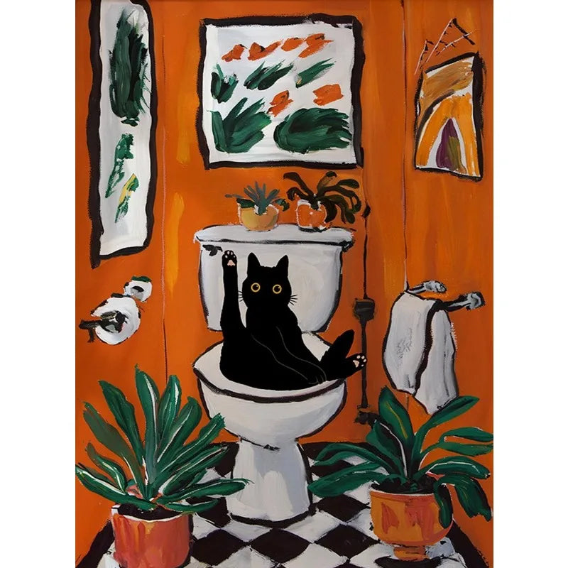 Colourful Funny Black Cat in Bathroom Poster