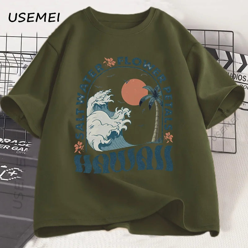 Hawaii Beach T-Shirt Ocean Beach T Shirt Men Women Summer Vibes Vacation Graphic T Shirts Cotton Short Sleeve Mens Clothing