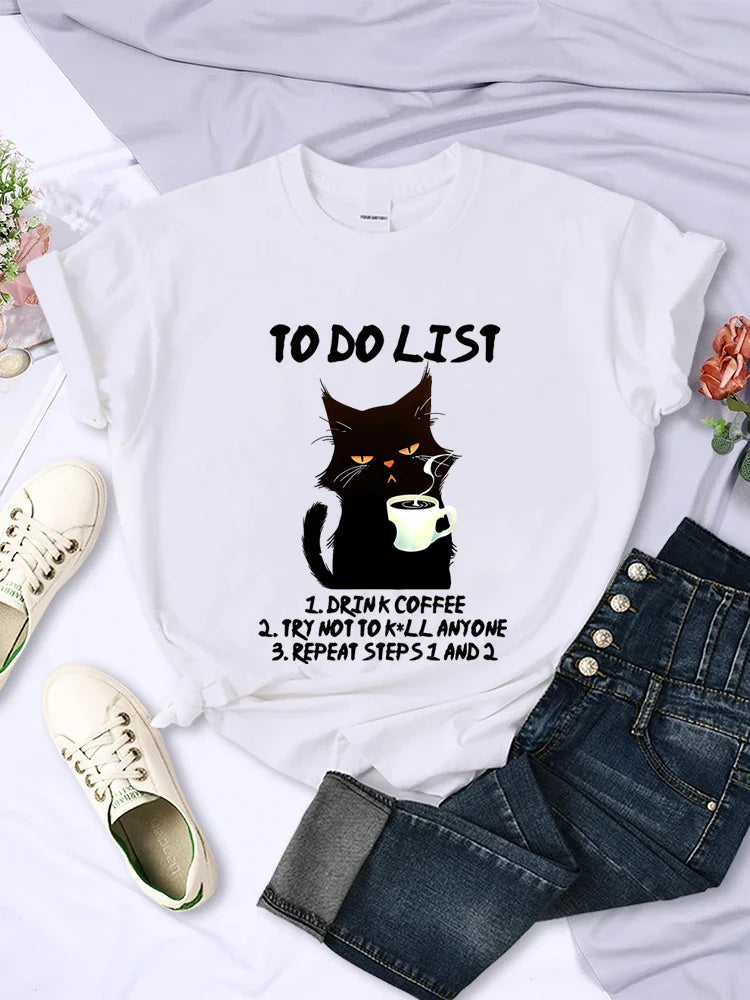 Black Cat To Do List Graphic Funny T-Shirts