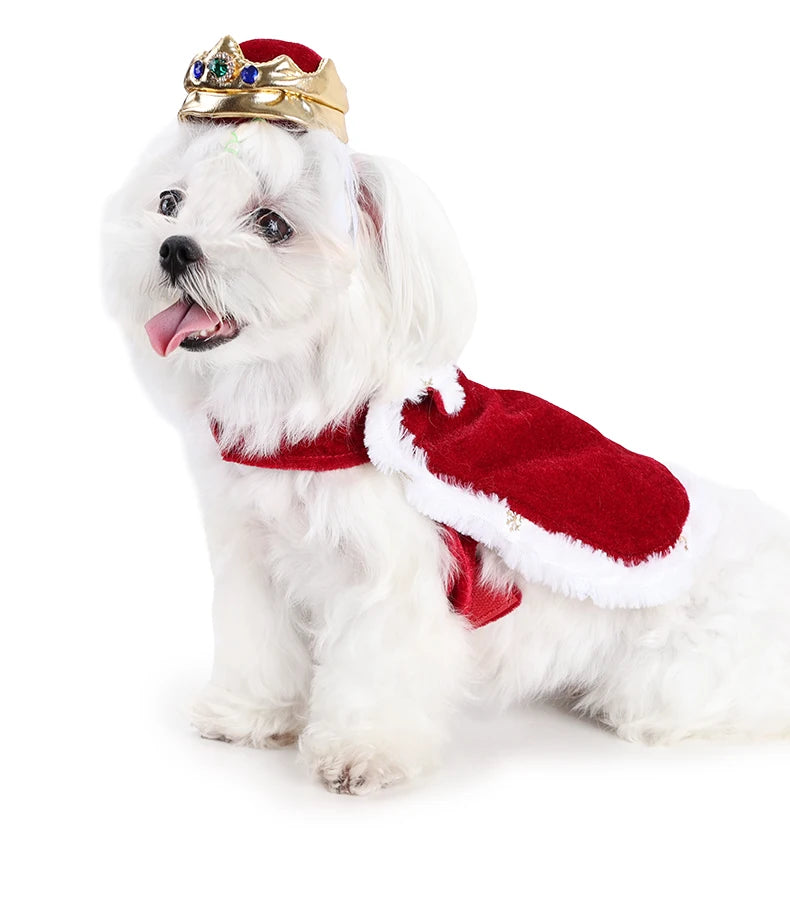 Dog King/Queen Dress Up Cloak with Crown Halloween Pet Costume for Small Large Dogs Adjustable Luxury Velour Dog Cosplay Outfit