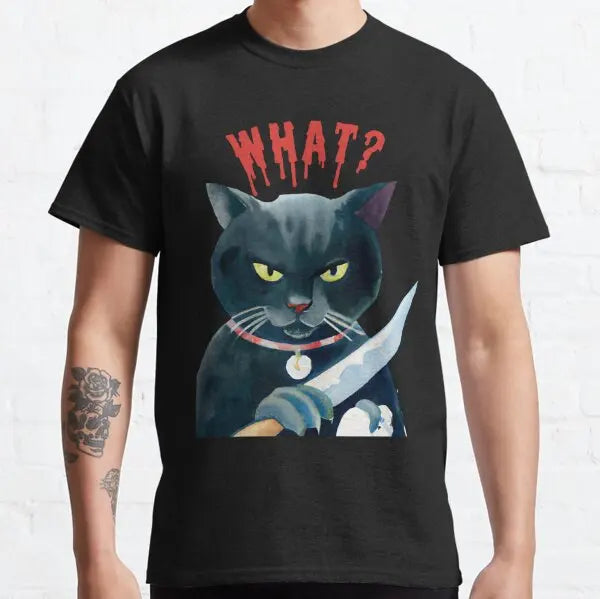 Cat What Murderous Black Cat With Knife T-Shirts for Men Kitten Lovers Cotton Big Tall Tees Short Sleeve T Shirt Big Size 6XL