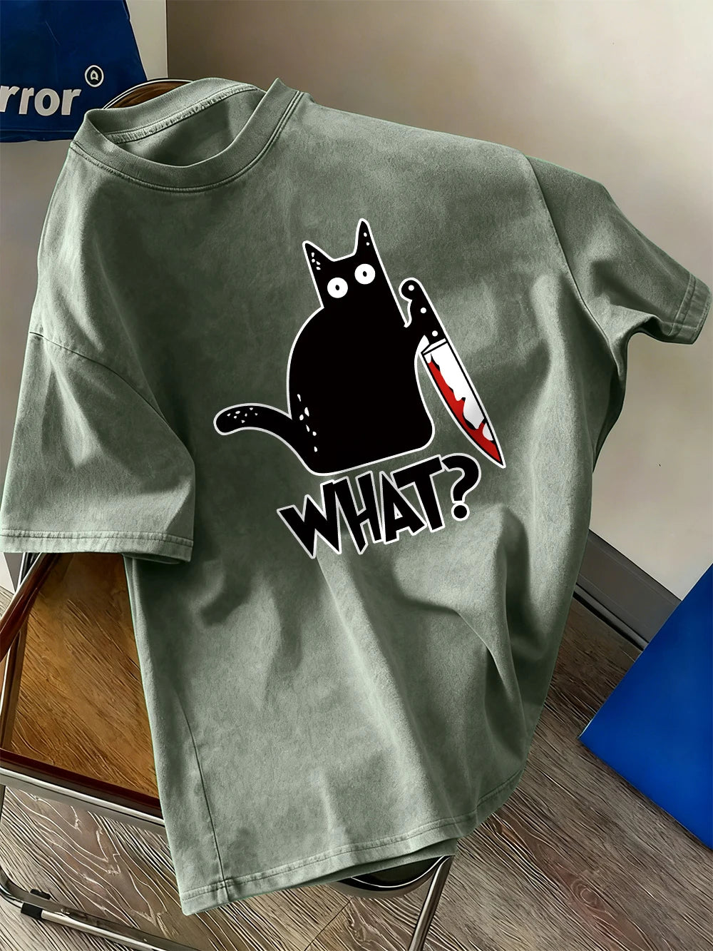 Black Cat Holding A Knife Prints Washed T-Shirt