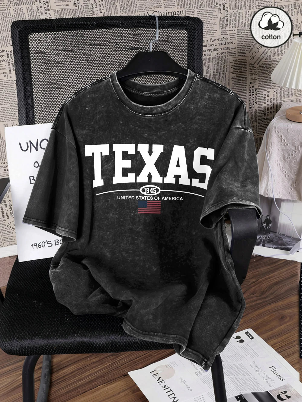 Texas Usa City Letter 1945 Prints Washed T-Shirts Mens Oversized Cotton T Shirt Summer O-Neck Short Sleeve Tops Casual Male Tees