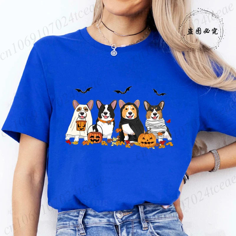 Halloween Dog Fashion T Shirt Tops Women Harajuku Graphic Tees Shirt Femme Corgi Dogs Halloween Women's T-shirt Clothes Tops