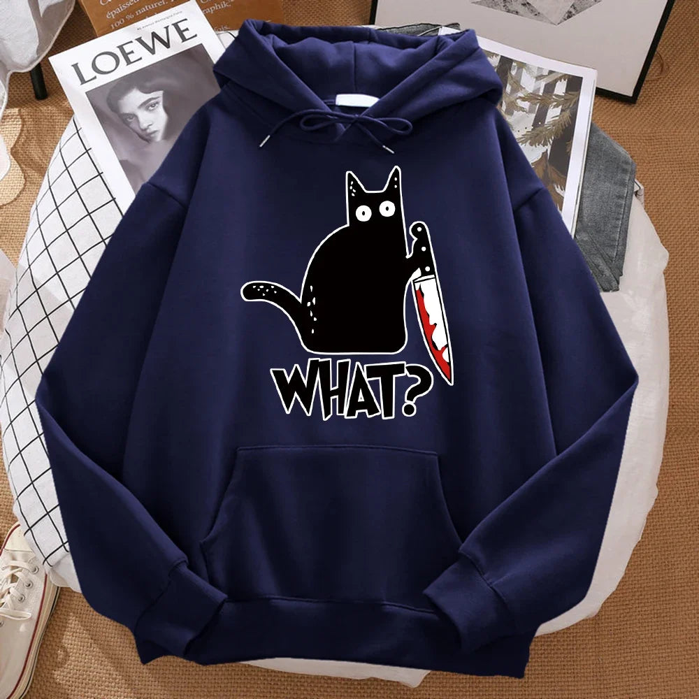 What cute little black cat holding a knife, men's hoodies, street hoodies, autumn sports shirts, hip-hop costumes