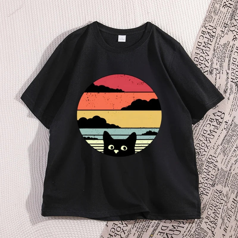 Black Cat Sunset Vintage T Shirt
