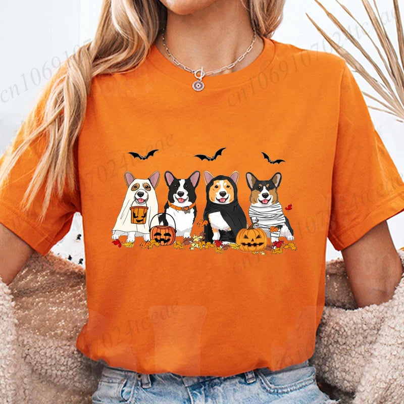 Halloween Dog Fashion T Shirt Tops Women Harajuku Graphic Tees Shirt Femme Corgi Dogs Halloween Women's T-shirt Clothes Tops