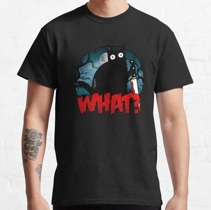 Cat What Murderous Black Cat With Knife T-Shirts for Men Kitten Lovers Cotton Big Tall Tees Short Sleeve T Shirt Big Size 6XL