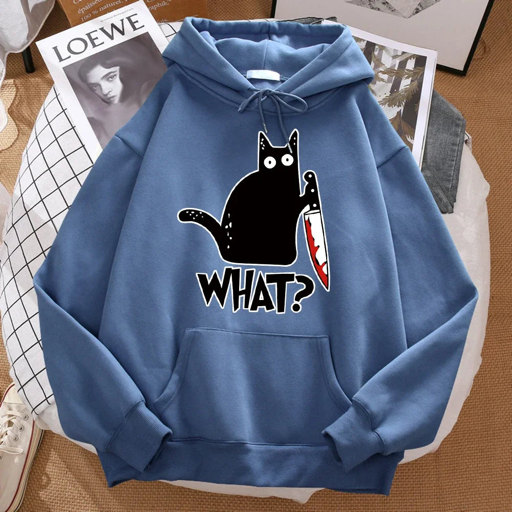 What cute little black cat holding a knife, men's hoodies, street hoodies, autumn sports shirts, hip-hop costumes