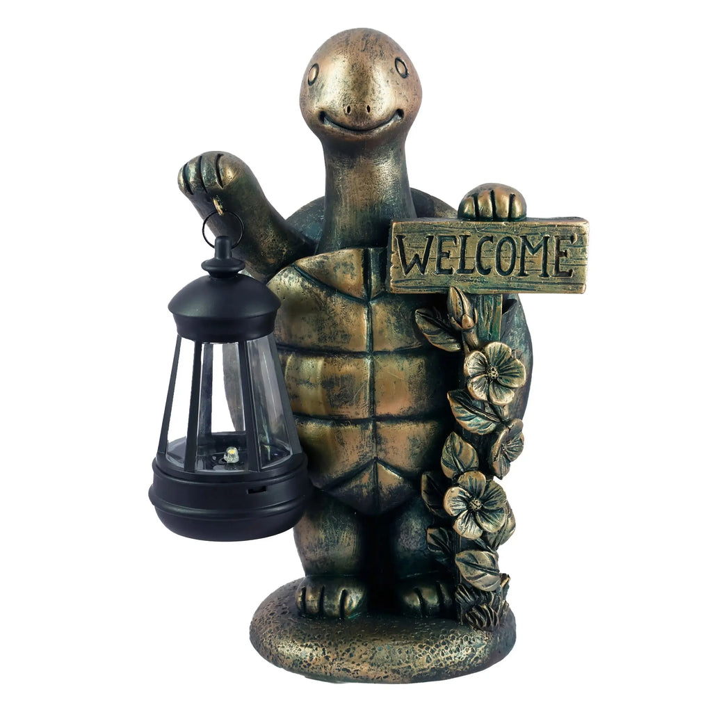 Turtle Welcome Statue with Solar Lantern Garden Ornament Good Luck Outdoor Decorative Lamp