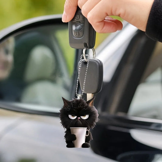 Fun Coffee Black Cat Keychain Versatile Charm,Cute Cartoon Kitten 2D Flat Acrylic Pendant,For Car,Bag,Festive,Party,Gift & Decor