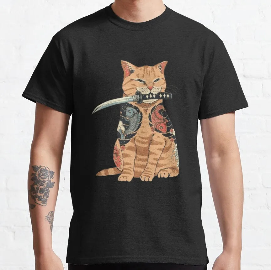 Cat What Murderous Black Cat With Knife T-Shirts for Men Kitten Lovers Cotton Big Tall Tees Short Sleeve T Shirt Big Size 6XL