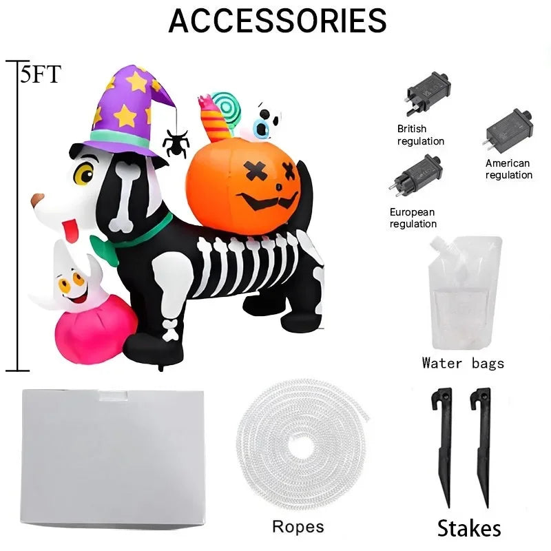 5FT Halloween Inflatable Toys Skeleton Dog with Pumpkin Decorations LED Light Up Blow Up Lawn Blow Up Model Outside Garden Decor
