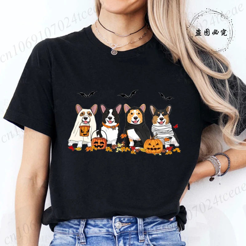 Halloween Dog Fashion T Shirt Tops Women Harajuku Graphic Tees Shirt Femme Corgi Dogs Halloween Women's T-shirt Clothes Tops