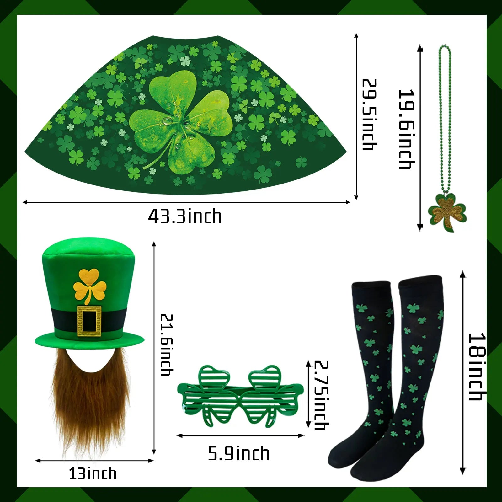 St Patrick's Day Costume Set 5 Pieces with glasses cloak Socks necklaces Shamrock Hat Irish Faux Mustache Sets Home Party Decor