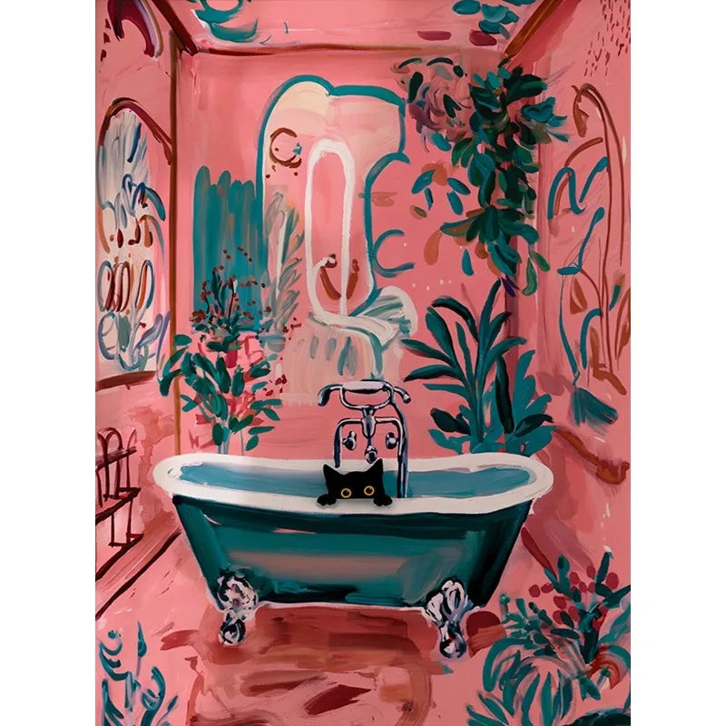 Colourful Funny Black Cat in Bathroom Poster