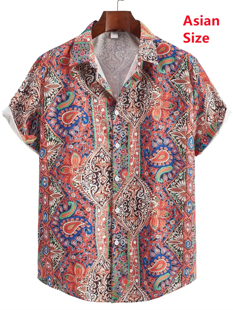 Hawaii Shirts For Men 3D Paisley Graphic Short-sleeved T-shirt Casual Lapel Buttons Male Tops Summer Oversized Bohemian Man Tees