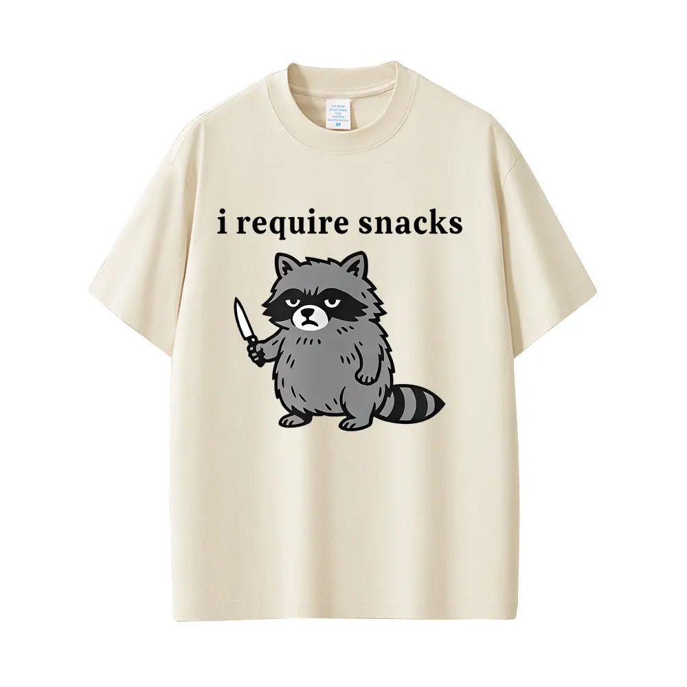 I Require Snacks Raccoon Funny Meme T-shirt Men Women Casual Humor Style T Shirts Men's 100 Cotton Vintage T-shirts Streetwear