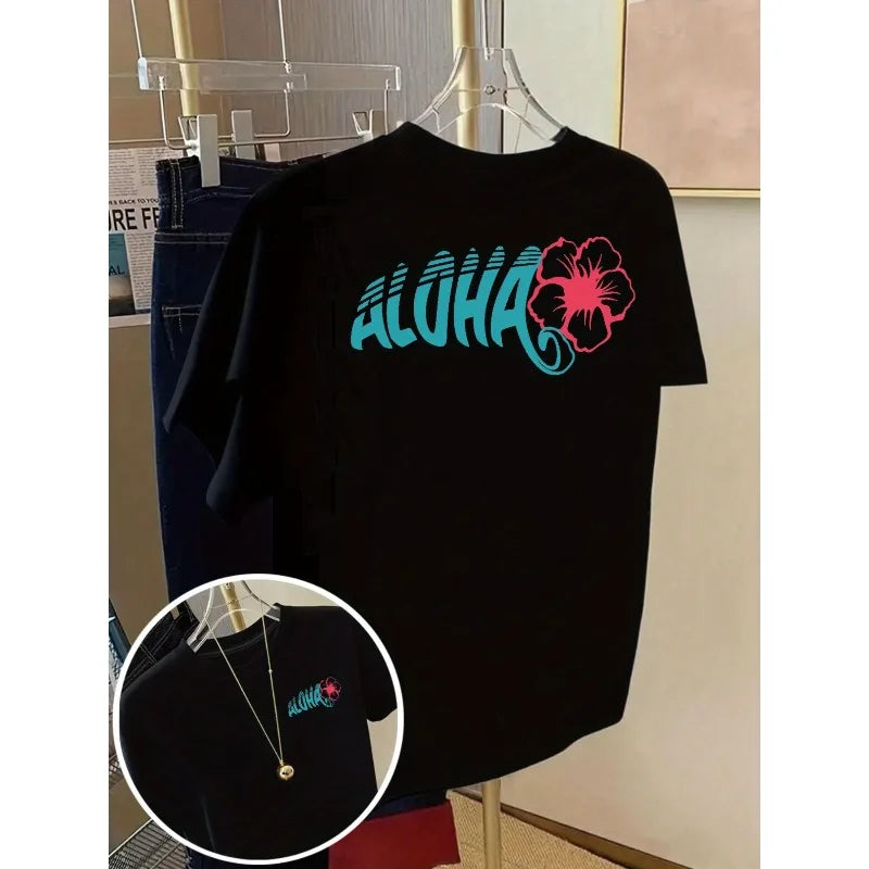 Ladies' Aloha Print T-shirt in Hawaii Black with Turquoise Letters and Red Floral Accents Tropical Vacation Style Round Neck Top