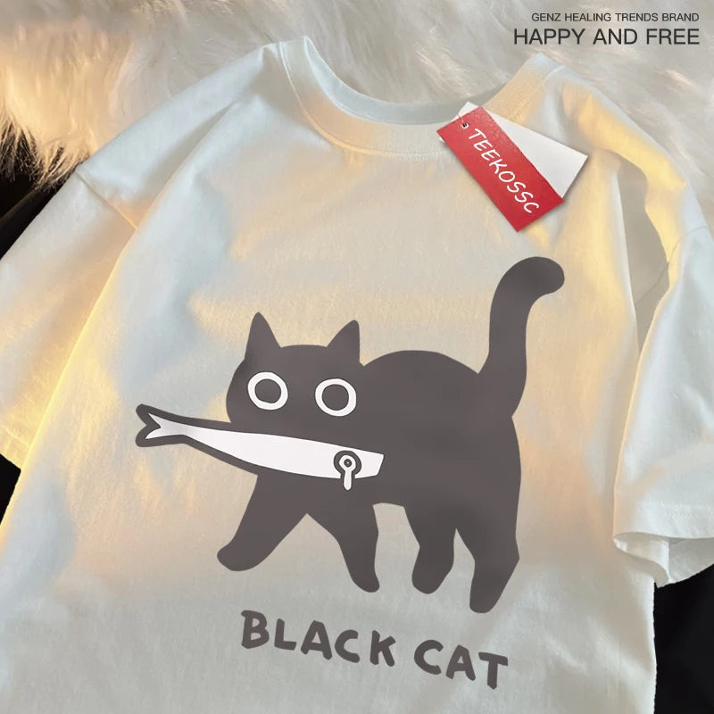 Fun A Black Cat Eating Fish Japanese Style T-Shirt