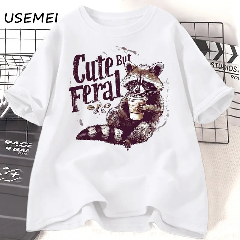 Funny Racoon Cute but Feral t Shirt women funny Opossum tee Retro Animal Meme t-shirt cotton short sleeve clothing female tees