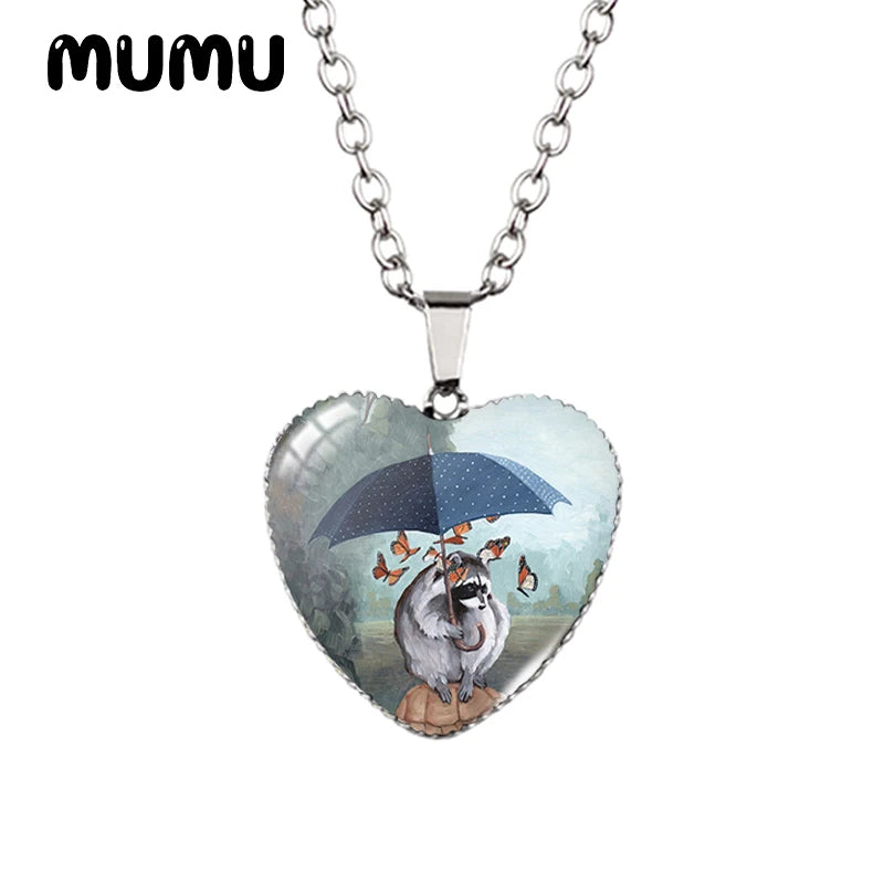2023 New Raccoon Heart Necklace Cute Animal Painting Glass Printed Photo Pendant Handmade Jewelry Gifts Children