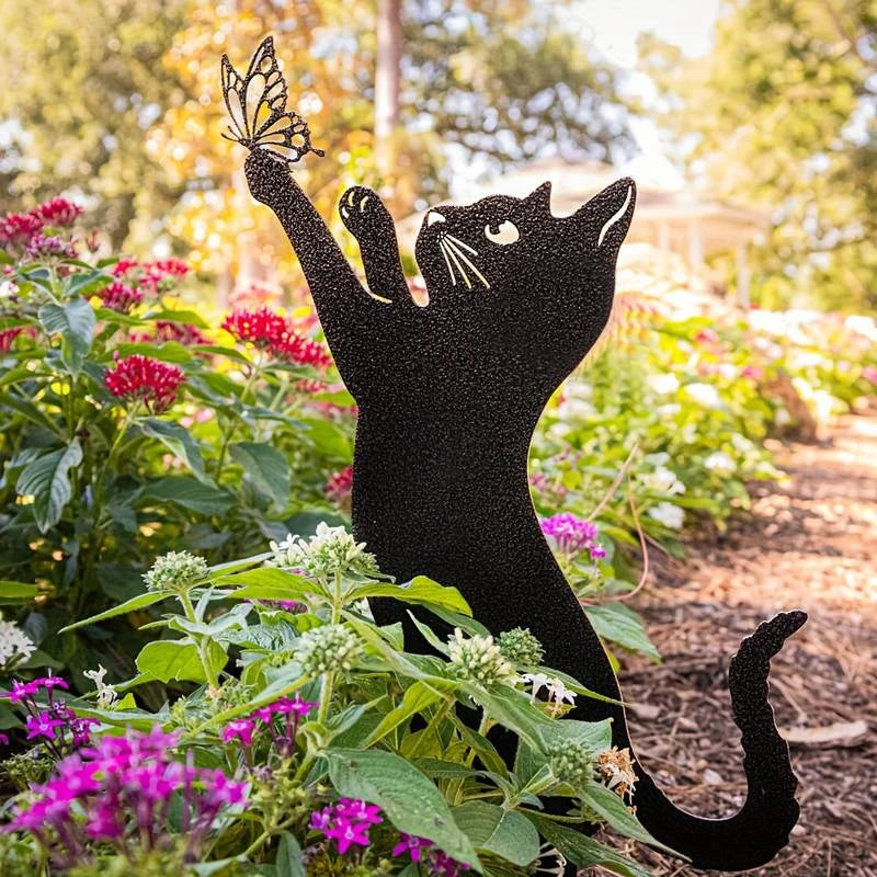 Black Cat Silhouette Garden Decorative Ground Plug Metal Handmade Artwork Outdoor Lawn Decoration