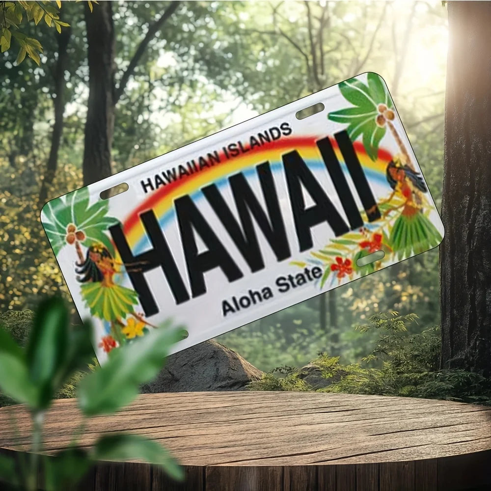 Hawaiian Islands Retro License Plate - Tropical Hawaii Wall Decor with Aloha State Text, Palm Leaves & Hibiscus Flowers
