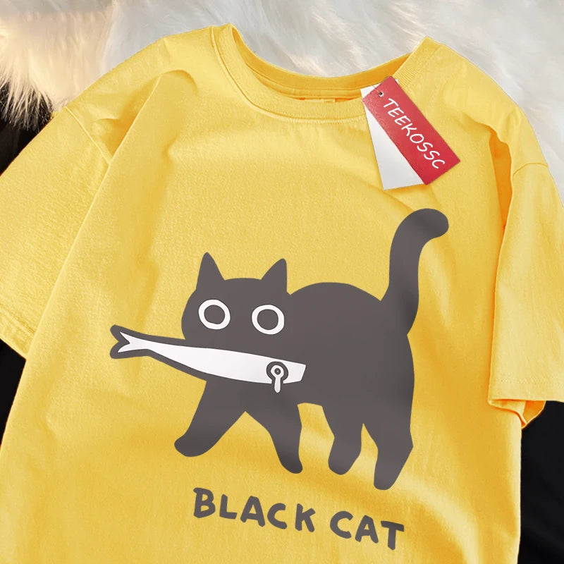 Fun A Black Cat Eating Fish Japanese Style T-Shirt