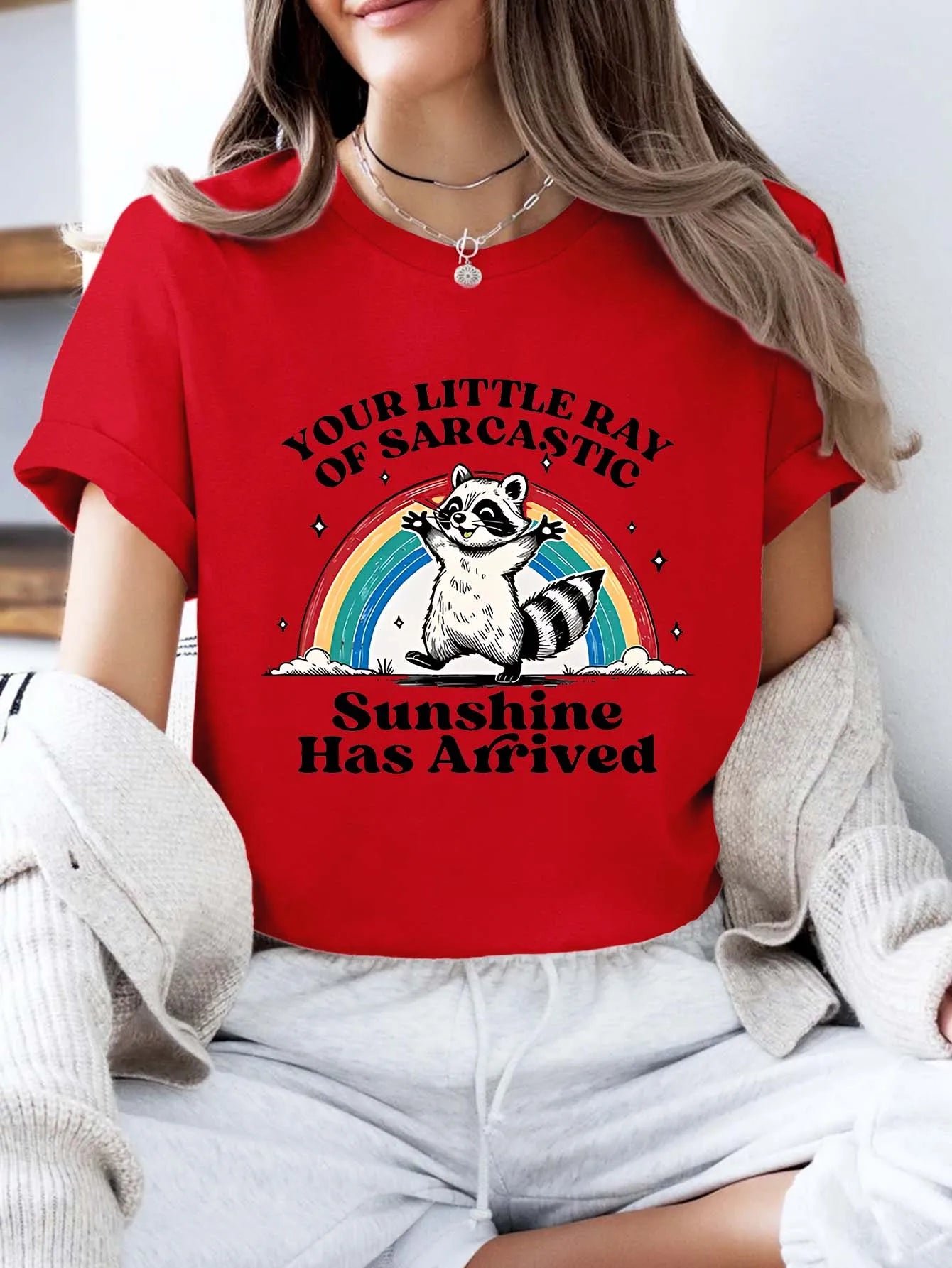 Plus - Size Humorous Raccoon & Rainbow Graphic Tee, Short - Sleeve