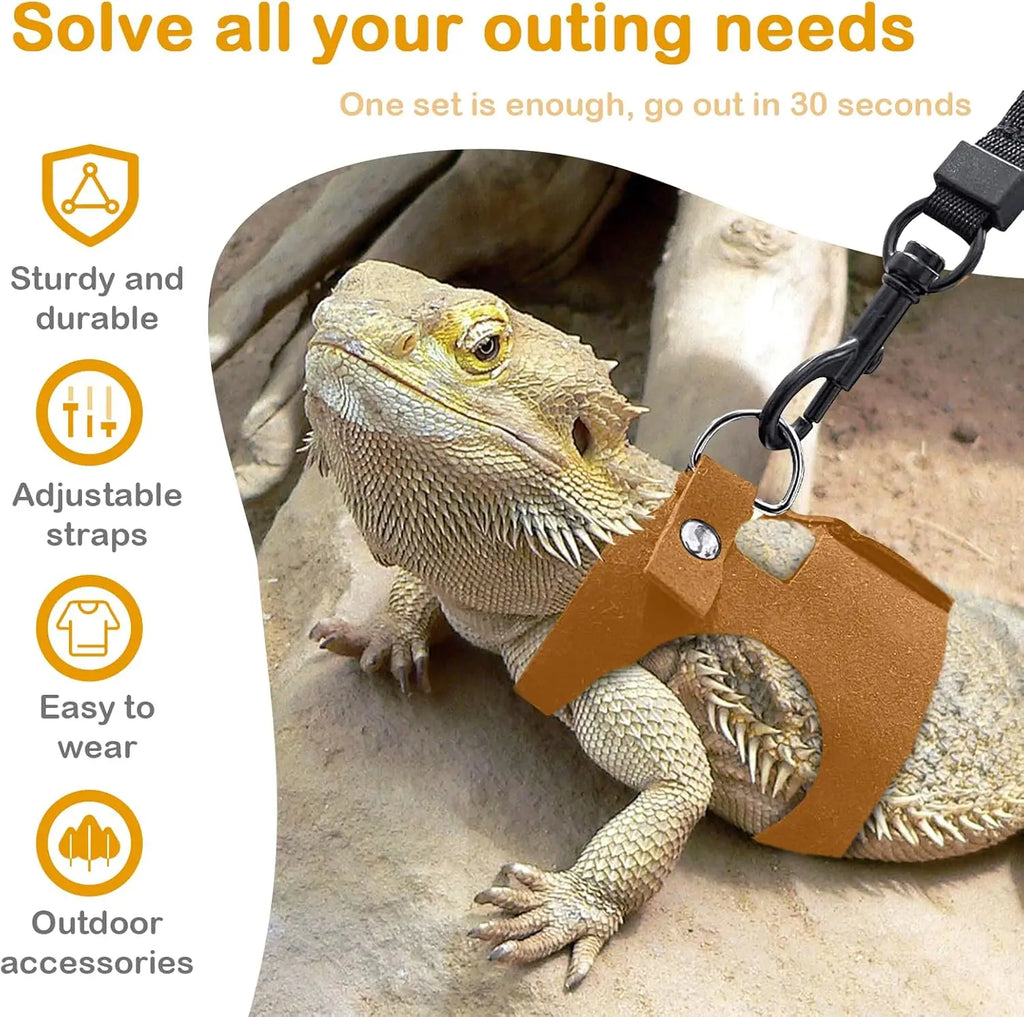 Bearded Dragon Harness and Leash Set, 3 Size Adjustable Soft Leather Reptile Leash, Lizard Harness with Retractable