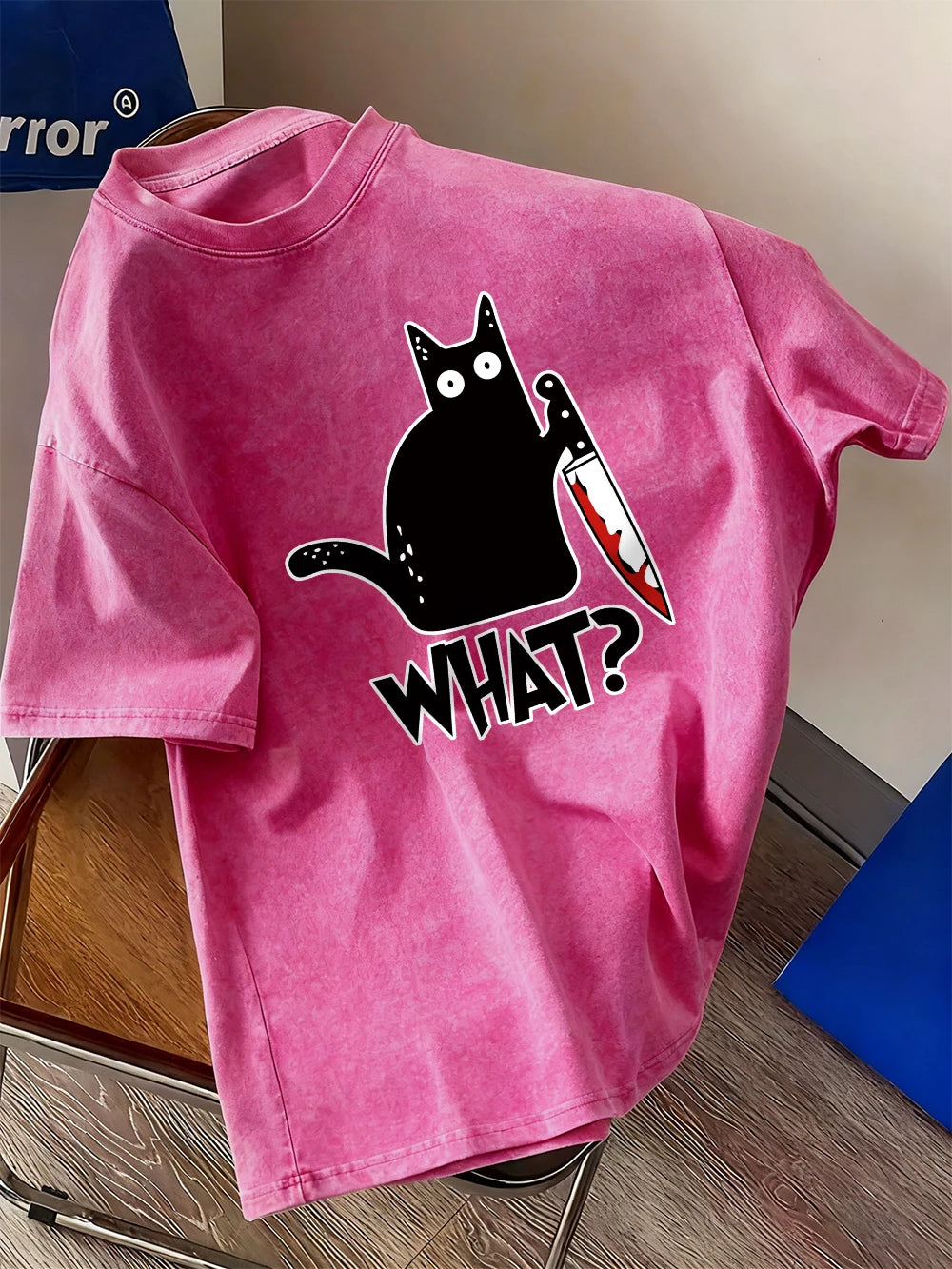 Black Cat Holding A Knife Prints Washed T-Shirt