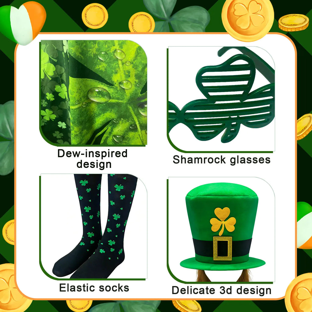 St Patrick's Day Costume Set 5 Pieces with glasses cloak Socks necklaces Shamrock Hat Irish Faux Mustache Sets Home Party Decor