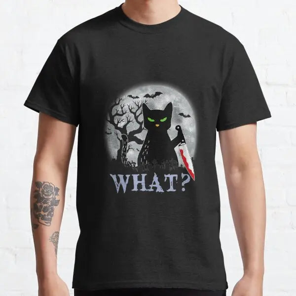 Cat What Murderous Black Cat With Knife T-Shirts for Men Kitten Lovers Cotton Big Tall Tees Short Sleeve T Shirt Big Size 6XL