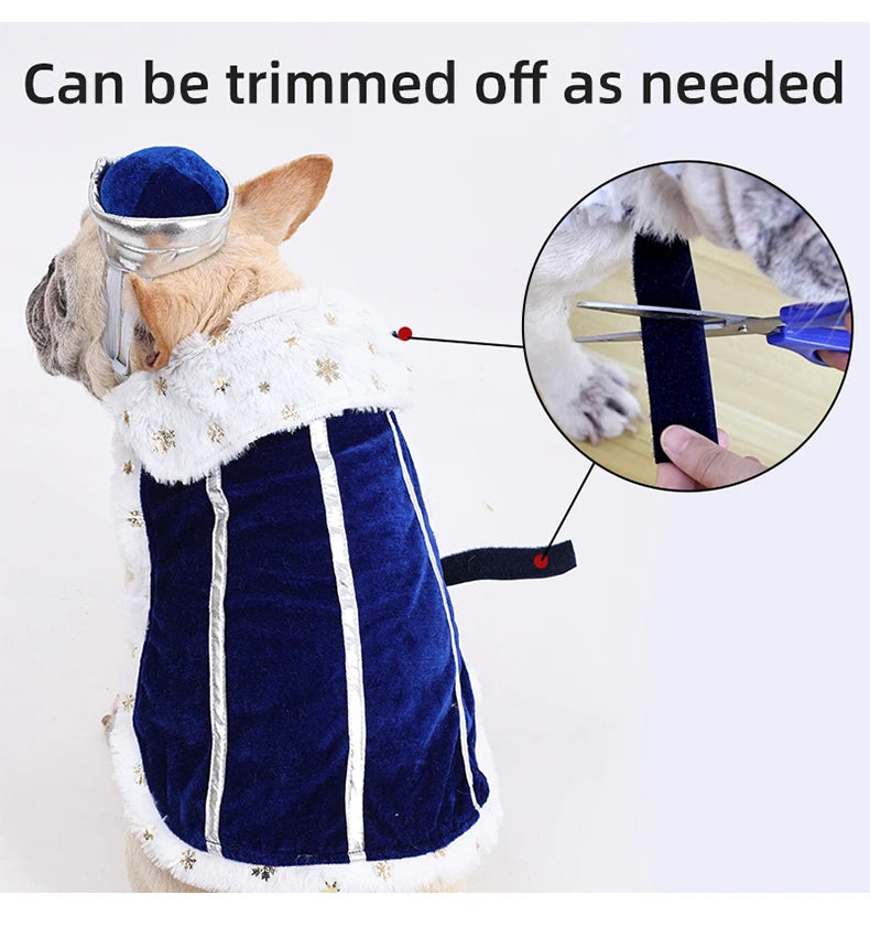 Dog King/Queen Dress Up Cloak with Crown Halloween Pet Costume for Small Large Dogs Adjustable Luxury Velour Dog Cosplay Outfit