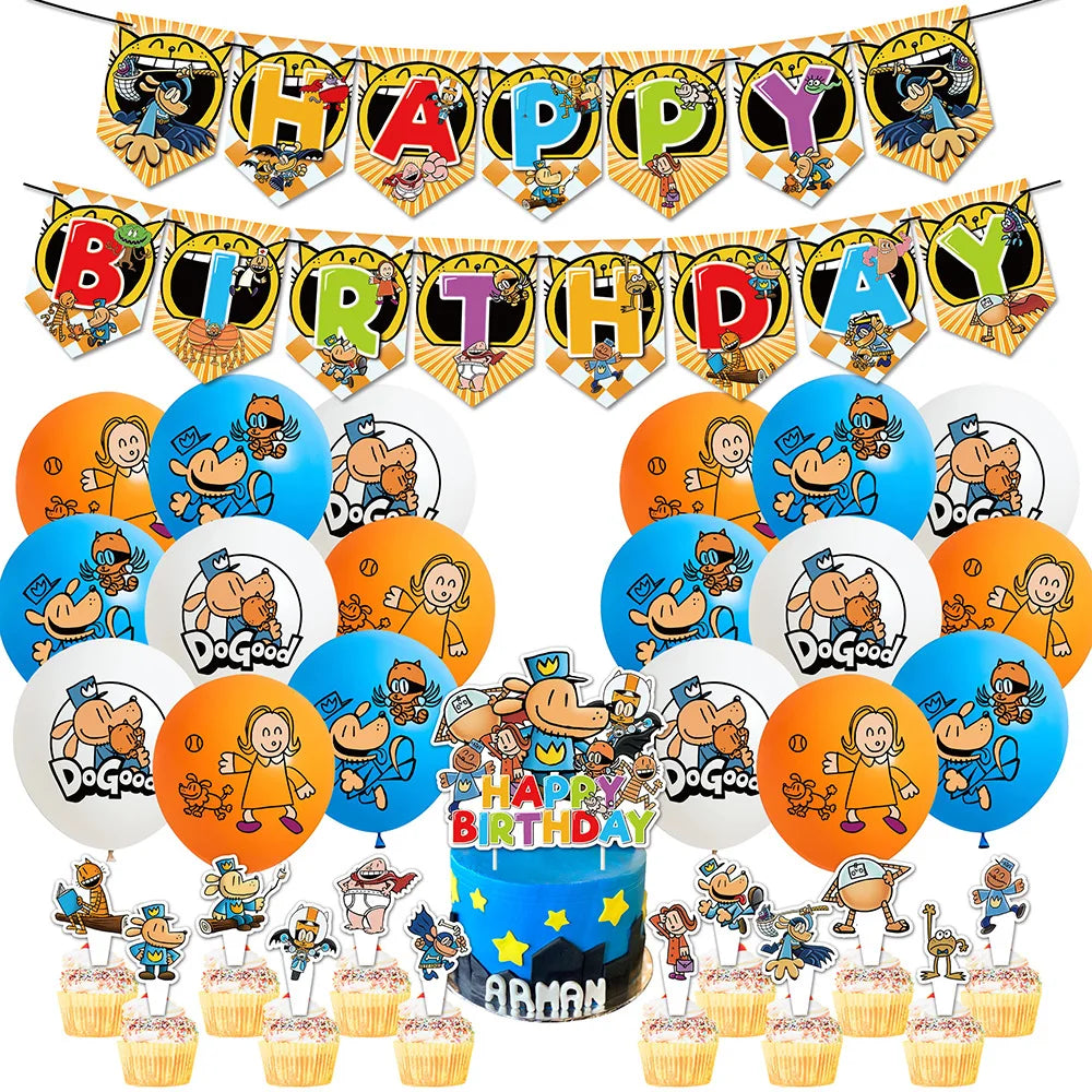 Dog Man Theme Party Cute Cartoon Animals Pet Happy Birthday Party Decor Set Latex Balloon Paw Dogman Cake Topper Banner Flag Toy