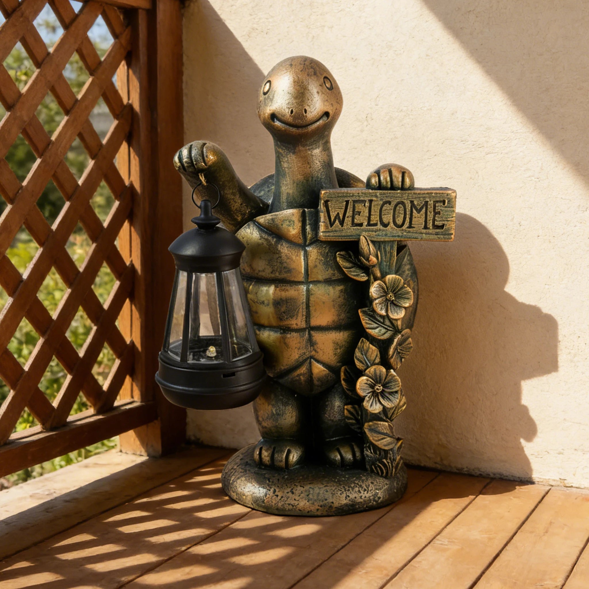 Turtle Welcome Statue with Solar Lantern Garden Ornament Good Luck Outdoor Decorative Lamp