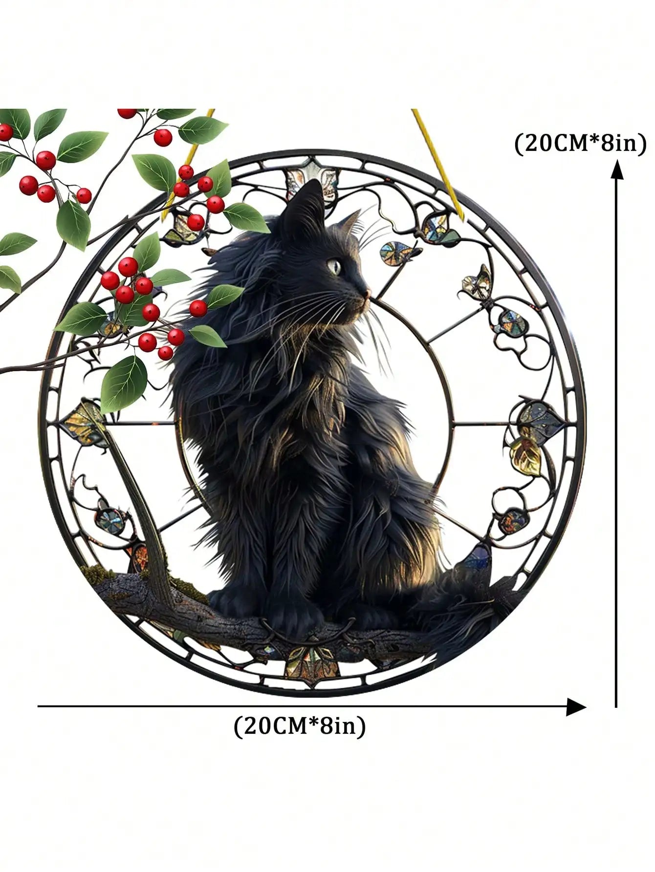 Black cat pendant sitting on a tree branch basking in the sun