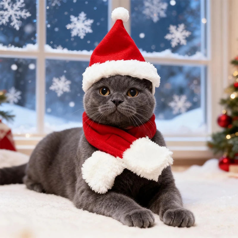 Festive Cat Dog Santa Hat & Scarf Christmas Outfit - Small Dog Holiday Apparel