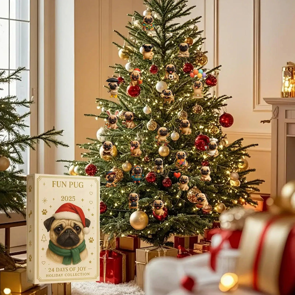 Pug Christmas Advent 24 Days 2D Acrylic Dog christmas Decorations Pug Tree Ornament Countdown Calendar For Home Kids Adults Dog