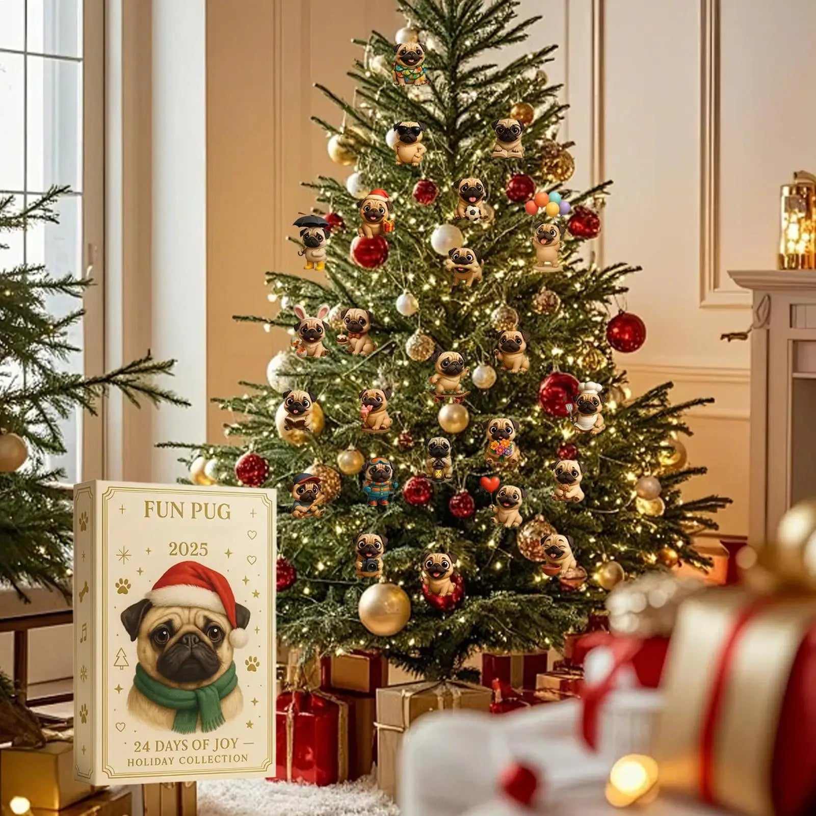 Pug Christmas Advent 24 Days 2D Acrylic Dog christmas Decorations Pug Tree Ornament Countdown Calendar For Home Kids Adults Dog