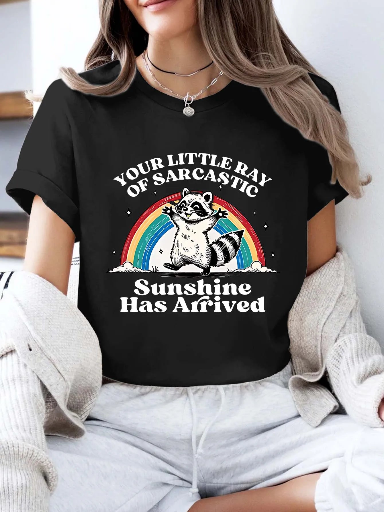 Plus - Size Humorous Raccoon & Rainbow Graphic Tee, Short - Sleeve